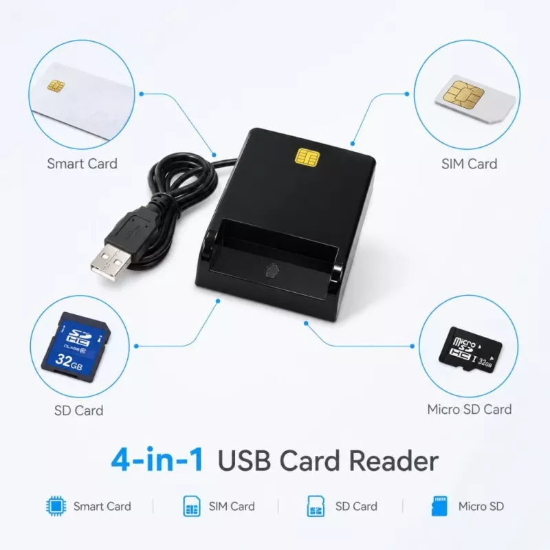 iLike lettore di schede smart USB 4-in-1 con supporto SIM, SD e micro-SD, lettore CAC per documenti, carte bancarie, eID e schede di memoria, nero