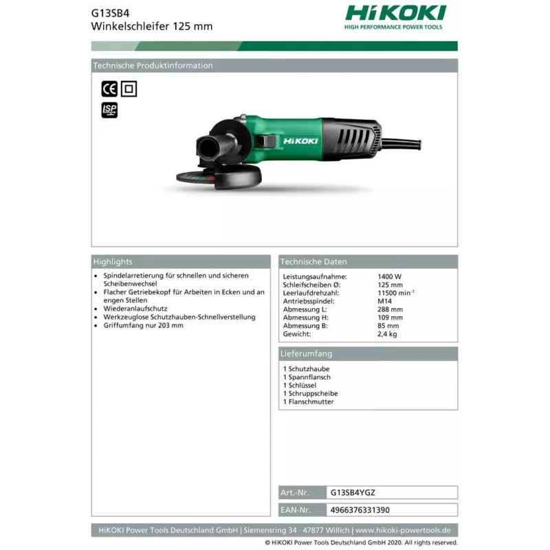 Hikoki G13SB4YGZ smerigliatrice angolare 3,1 kg
