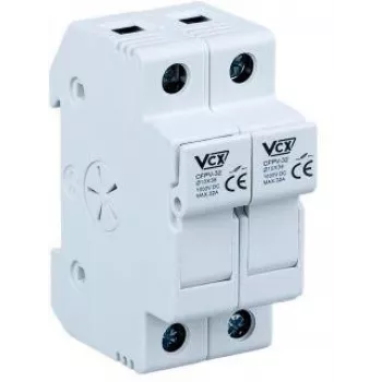 VCX CF PV32 2P portafusibile 2 poli 32A 1000V DC per fusibile 10x38mm, montaggio su guida DIN, collegamento a vite, fotovoltaico