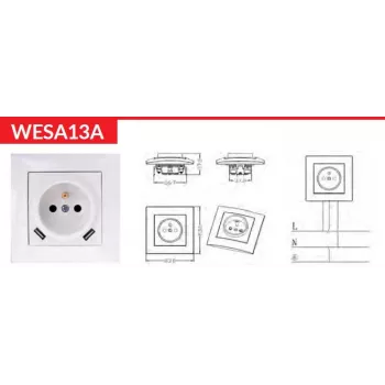 VCX WESA LC 13A presa singola con caricabatterie USB bianco