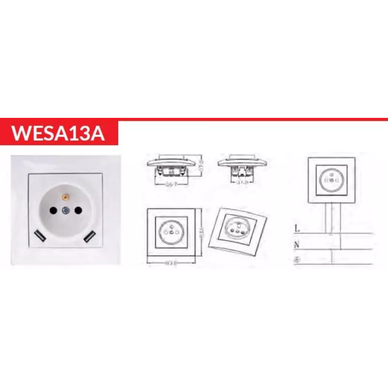 VCX WESA LC 13A presa singola con caricabatterie USB bianco