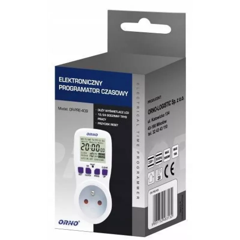 ORNO OR-PRE-409 timer programmatore digitale settimanale, 230V, 16A, 10 programmi, display LCD, countdown