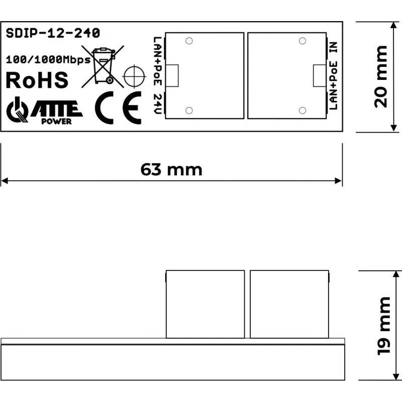 ATTE SDIP-12-240 adattatore PoE+ 30W guida DIN Gigabit