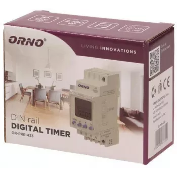 ORNO OR-PRE-433 timer settimanale elettronico, guida DIN, 16A/3680W, 16 programmi, 230V