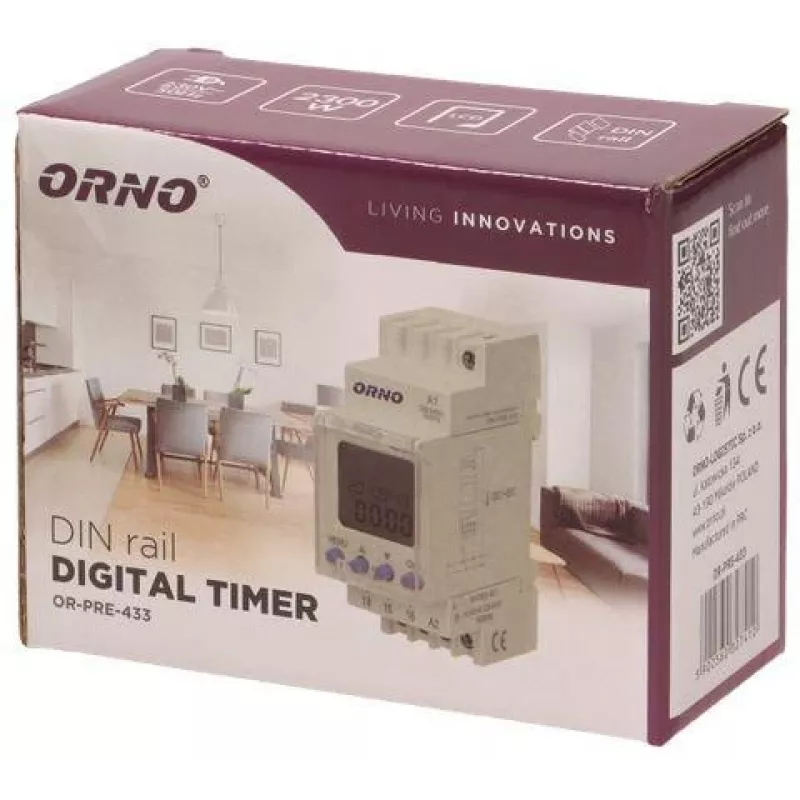 ORNO OR-PRE-433 timer settimanale elettronico, guida DIN, 16A/3680W, 16 programmi, 230V