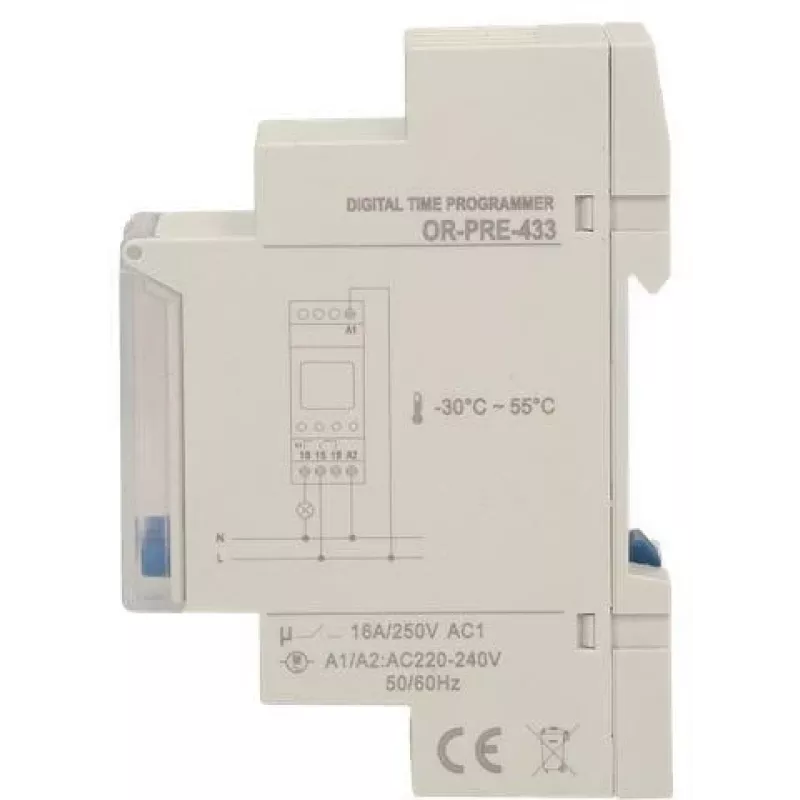ORNO OR-PRE-433 timer settimanale elettronico, guida DIN, 16A/3680W, 16 programmi, 230V
