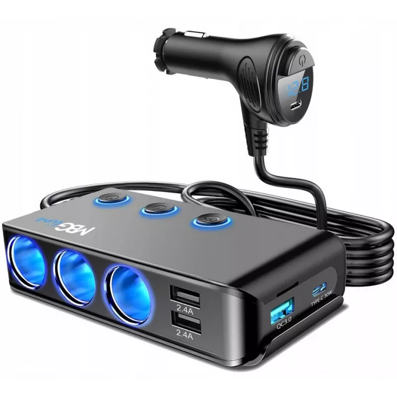 MBG Line HC67C splitter doppio con presa accendisigari e 3 porte USB-A, 120 W, nero