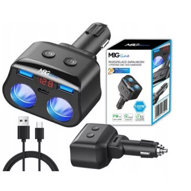 MBG Line HC69PD splitter 3 vie per accendisigari con 2x USB-C PD 30W e 2x USB-A QC 3.0, indicatore di tensione LED, 180W