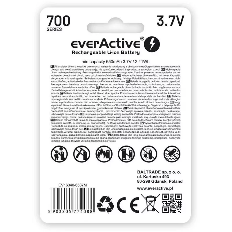 Batteria ricaricabile Li-Ion EVERACTIVE 16340 3,7V 700mAh con circuito di protezione (1 pz.)