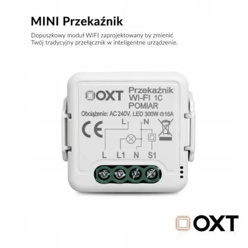OXT T220P modulo relè Wi-Fi, 1 circuito, 16 A, misurazione energia, Tuya