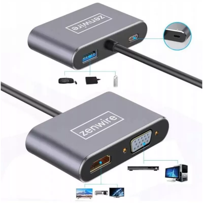 ZENWIRE Adattatore Hub Multiporta USB-C 4-in-1 HDMI 4K VGA USB-A Space Gray BYL-2310