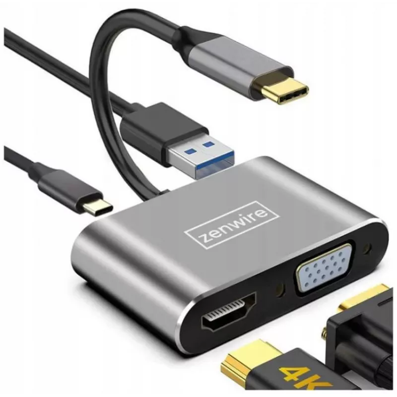 ZENWIRE Adattatore Hub Multiporta USB-C 4-in-1 HDMI 4K VGA USB-A Space Gray BYL-2310