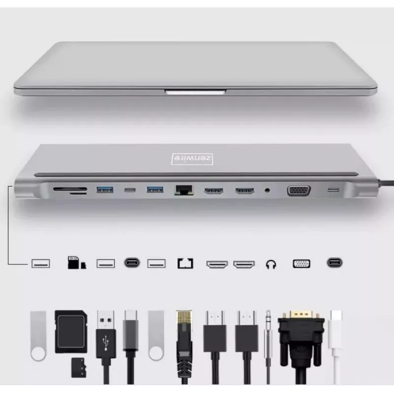 ZENWIRE Hub Adattatore USB-C 12-in-1 Docking Station 2x HDMI 4K Ethernet RJ45 USB 3.0 BYL-2211
