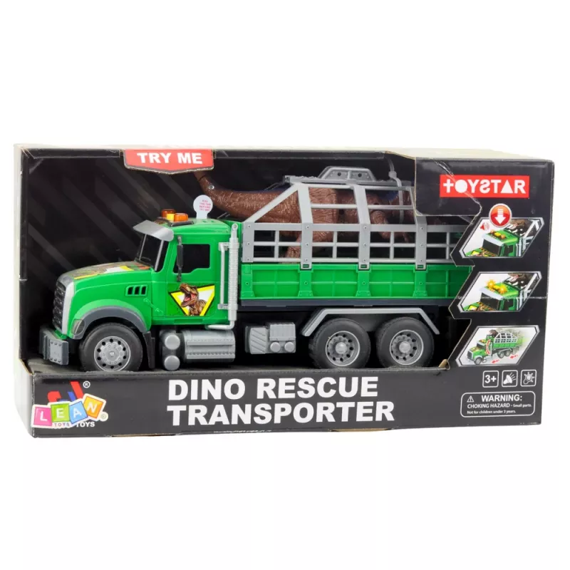 LEAN TOYS Camion trasporto dinosauri con figure, luci e suoni, verde