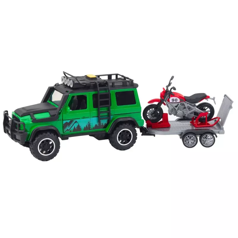 LEAN TOYS Set veicoli offroad con carro attrezzi e moto, luce e suono, verde