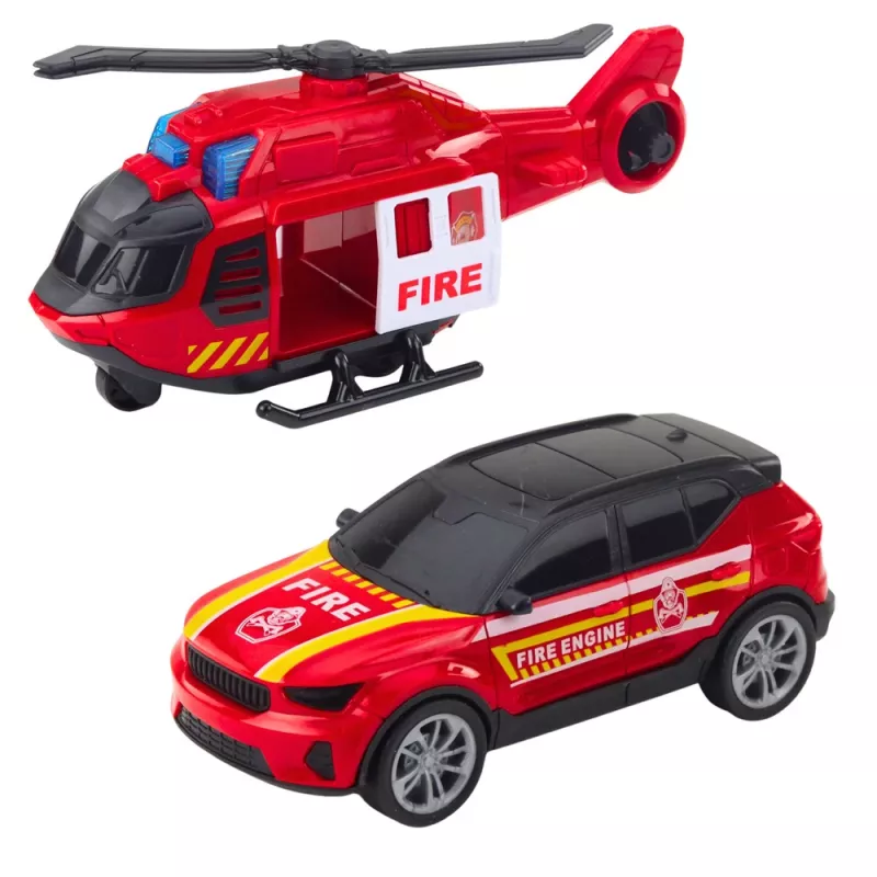 LEAN TOYS Camion dei pompieri carro attrezzi elicottero auto luci suoni rosso