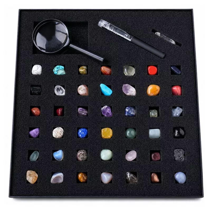 LEAN TOYS Set pietre minerali cristalli naturali collezione con lente e penna, 43 pezzi