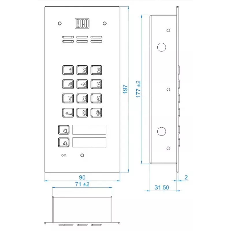 ACO FAM-P-2NPZSACC Postazione esterna citofonica per 2 famiglie a incasso con lettore RFID e serratura a codice, argento