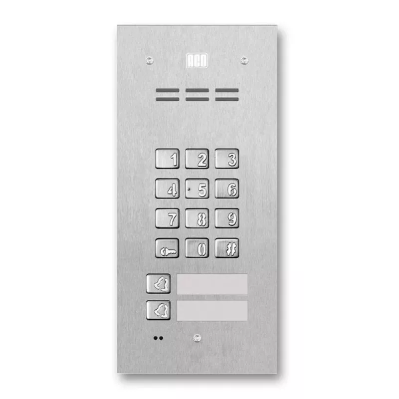 ACO FAM-P-2NPZSACC Postazione esterna citofonica per 2 famiglie a incasso con lettore RFID e serratura a codice, argento