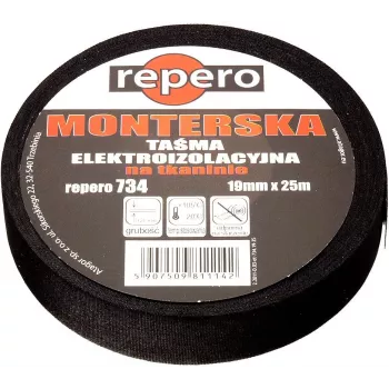 REPERO 734 Nastro Isolante Elettrico in Tessuto, Cotone, Nero, 19mm x 25m