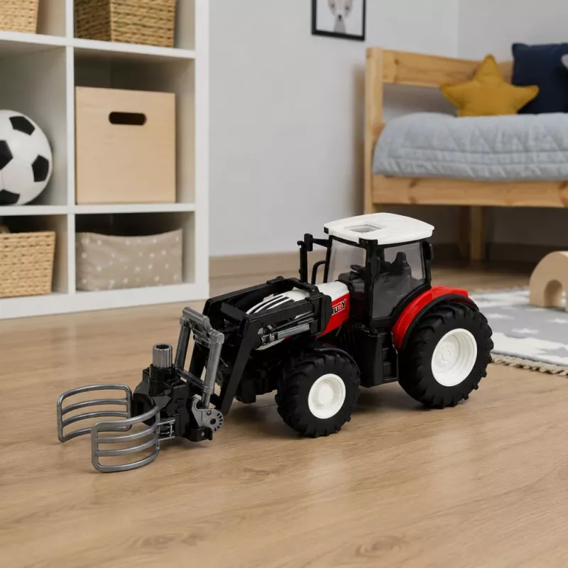 LEAN TOYS RC Trattore agricolo radiocomandato rosso con pinza per balle 1:24