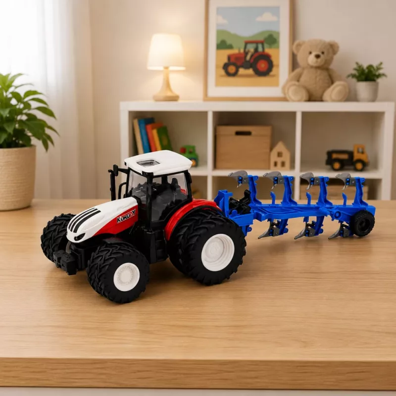LEAN TOYS RC Trattore radiocomandato con aratro doppio rosso 1:24
