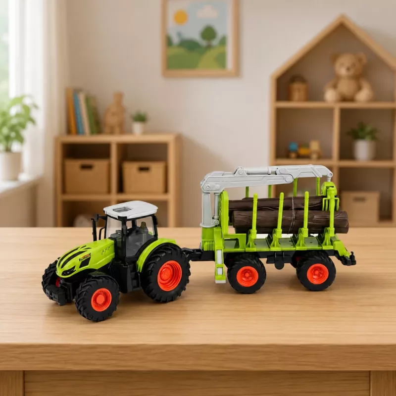 LEAN TOYS Trattore radiocomandato RC con rimorchio forestale e pinza per legna 1:24