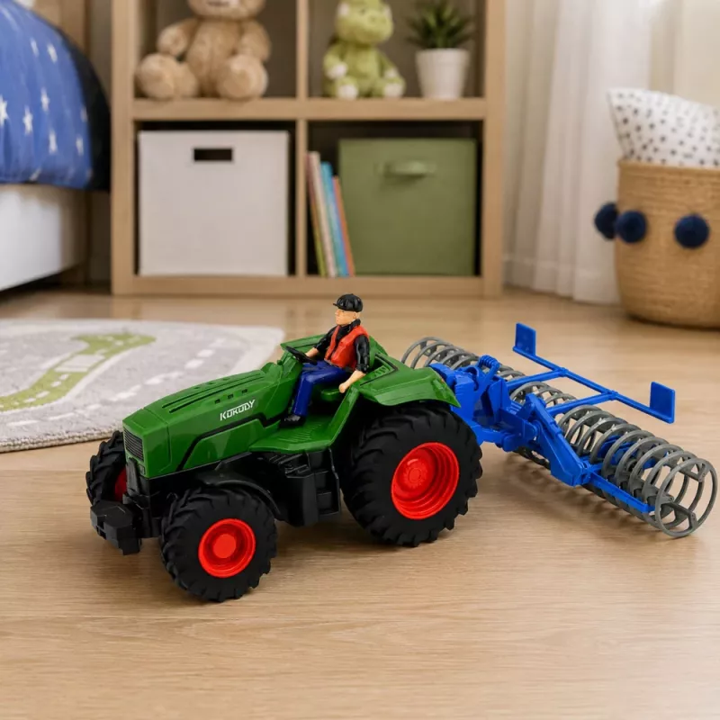 LEAN TOYS Trattore RC verde con rullo e contadino 1:24 radiocomandato