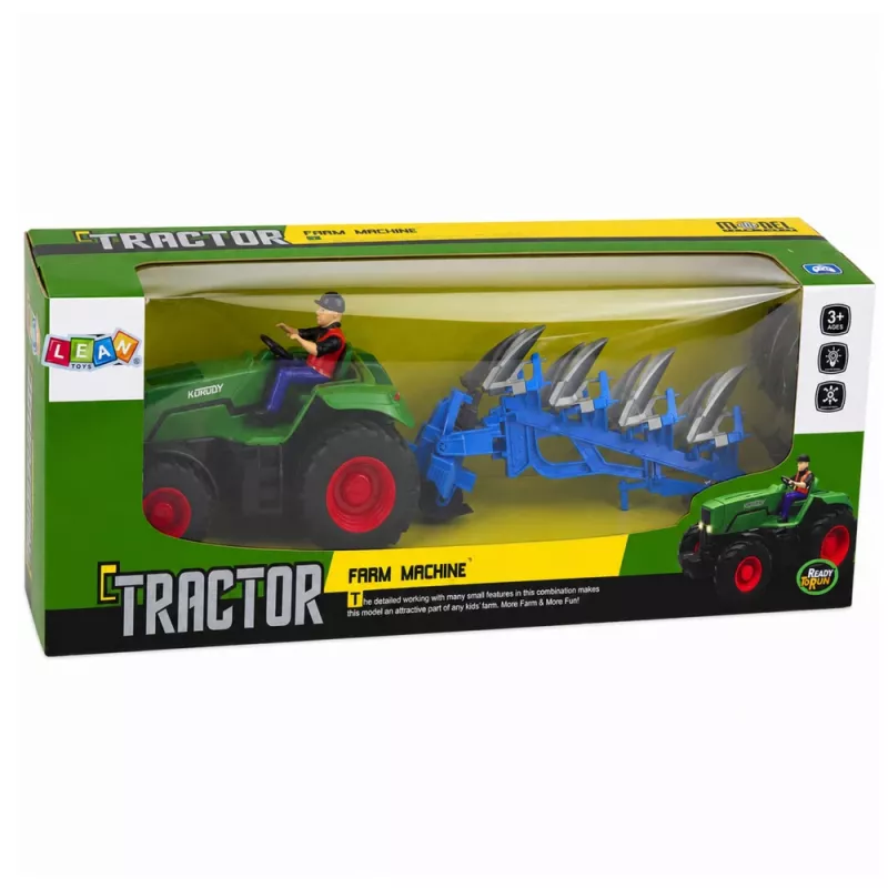 LEAN TOYS Trattore RC con aratro e contadino, radiocomandato, luci, verde, 1:24