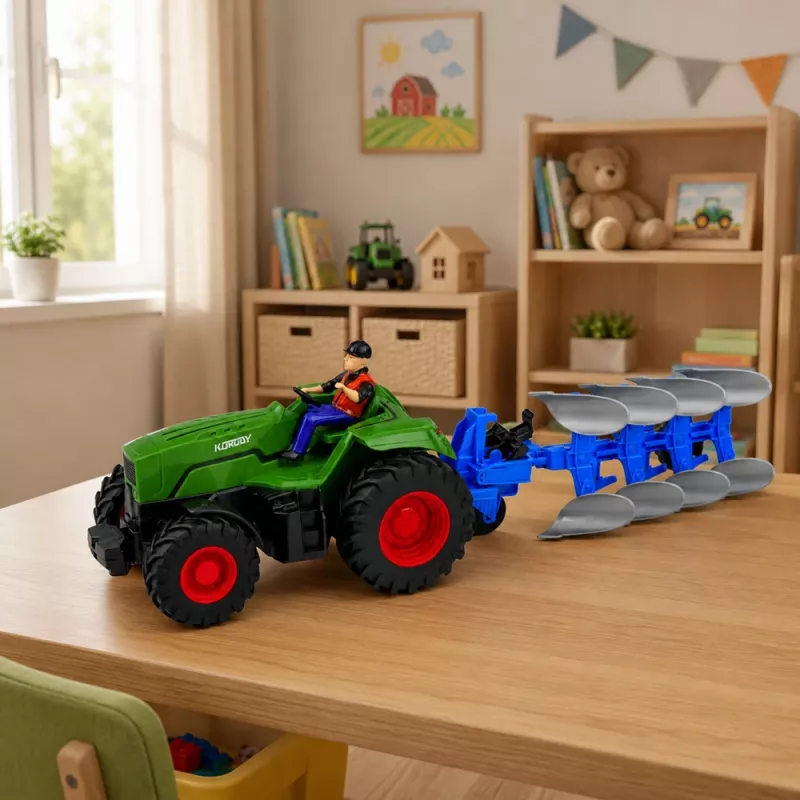 LEAN TOYS Trattore RC con aratro e contadino, radiocomandato, luci, verde, 1:24