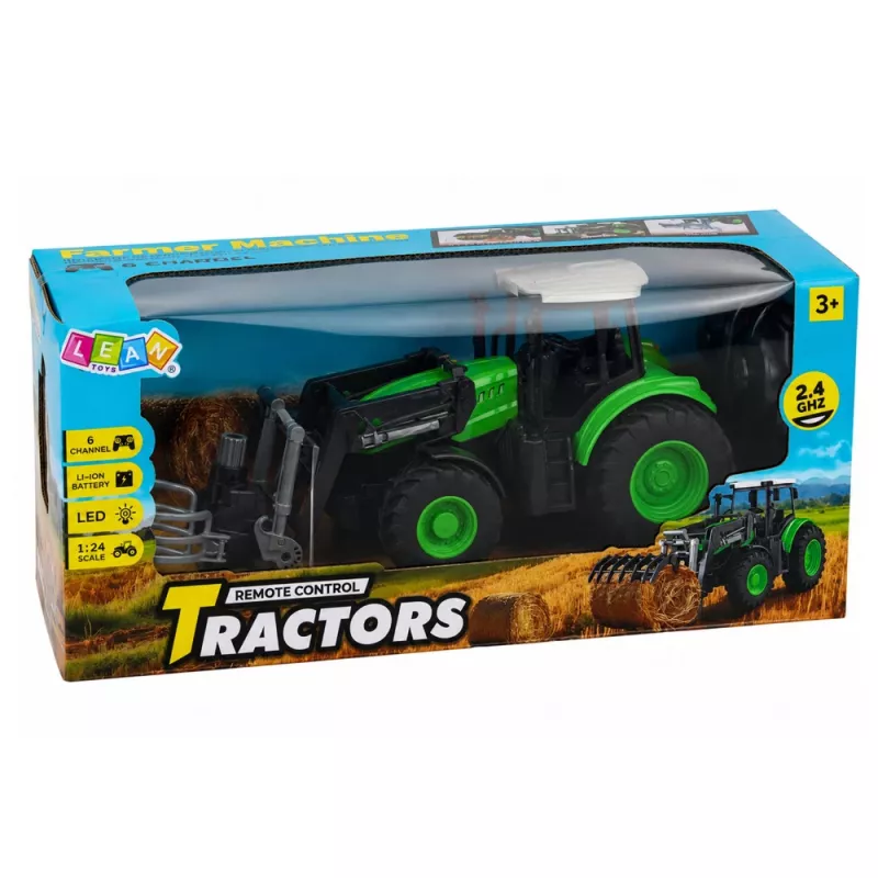 LEAN TOYS Trattore RC con pinza per balle, radiocomandato, luci, verde, 1:24