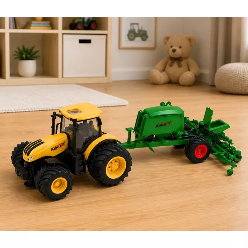LEAN TOYS Trattore con seminatrice e coltivatore, luci e suoni, giallo, 1:24