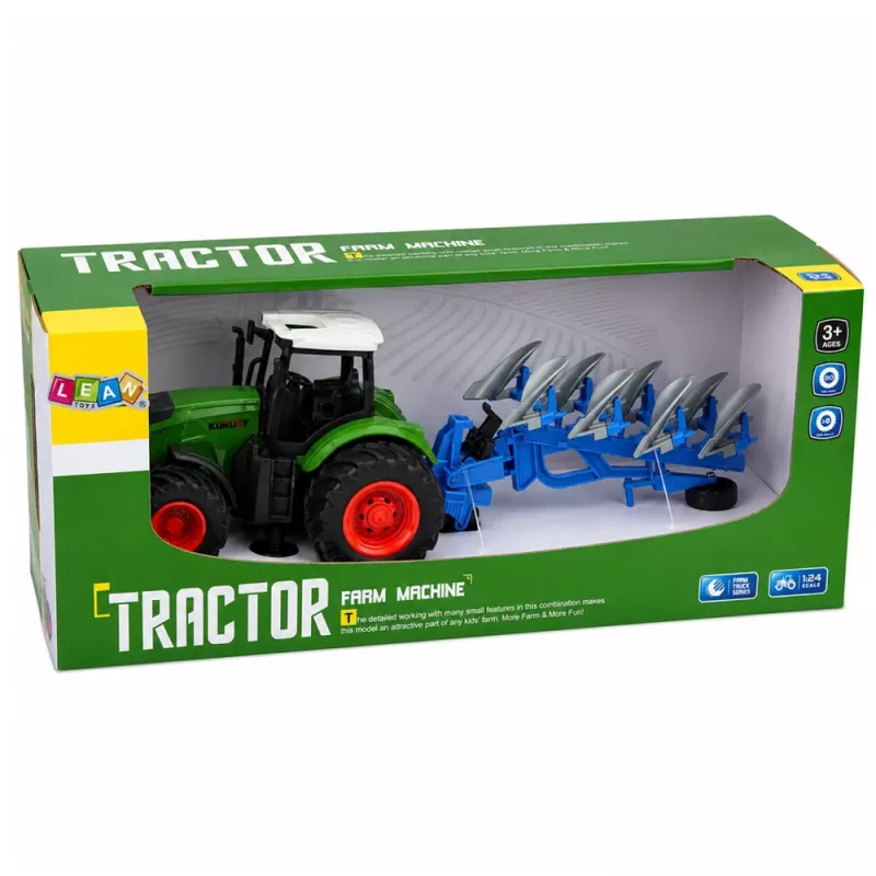 LEAN TOYS Trattore agricolo con aratro a doppio vomere, pneumatici in gomma, verde, 1:24