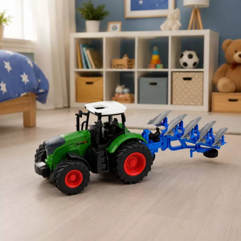 LEAN TOYS Trattore agricolo con aratro a doppio vomere, pneumatici in gomma, verde, 1:24