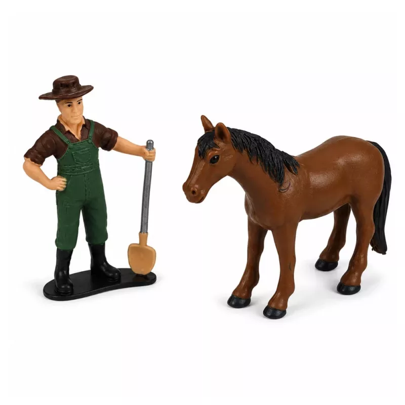 LEAN TOYS Mietitrebbia agricola con barra di taglio e aratro, figure contadini, cavallo, luci e suoni, 4 pezzi