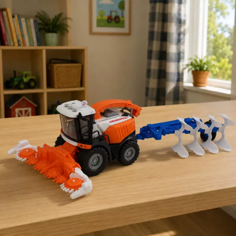 LEAN TOYS Mietitrebbia agricola con barra di taglio e aratro, figure contadini, cavallo, luci e suoni, 4 pezzi