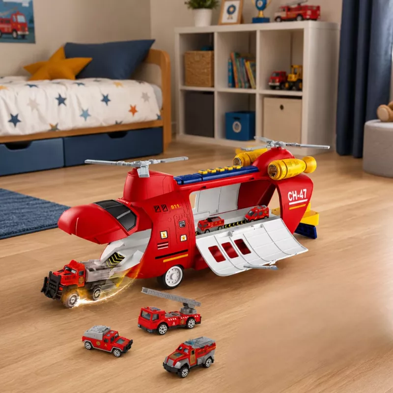 LEAN TOYS Grande aereo da trasporto dei vigili del fuoco pieghevole con veicoli, luci e suoni