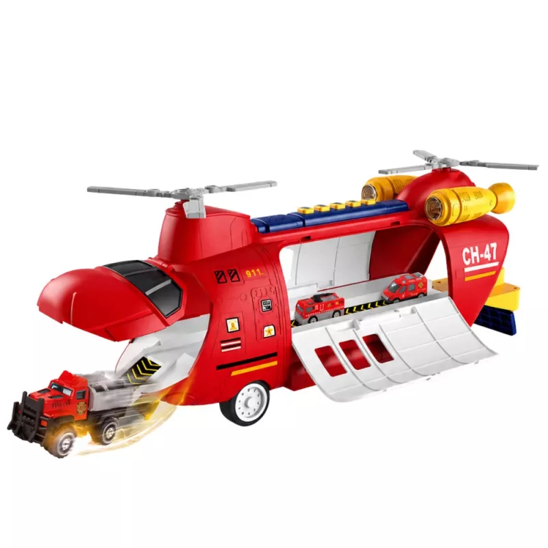 LEAN TOYS Grande aereo da trasporto dei vigili del fuoco pieghevole con veicoli, luci e suoni