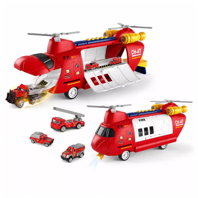 LEAN TOYS Grande aereo da trasporto dei vigili del fuoco pieghevole con veicoli, luci e suoni