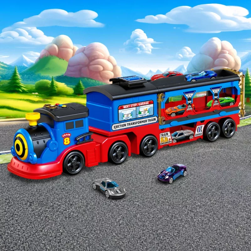 LEAN TOYS Trasportatore locomotiva con auto, binari, rampa di lancio, luci e suoni