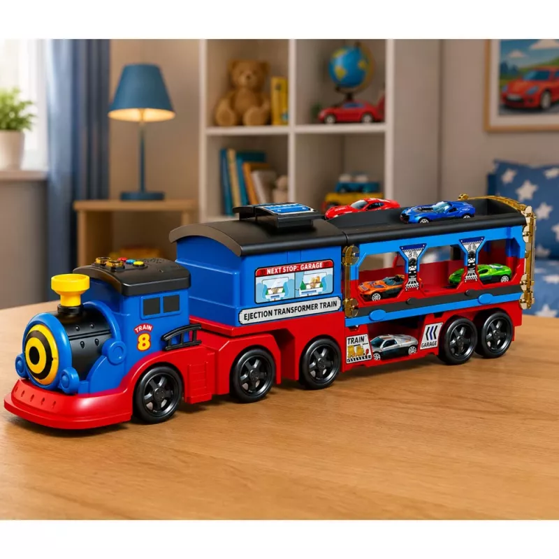 LEAN TOYS Trasportatore locomotiva con auto, binari, rampa di lancio, luci e suoni
