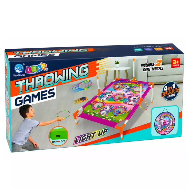 LEAN TOYS Gioco 4-in-1 lancio ad anelli unicorno con anelli e dischi
