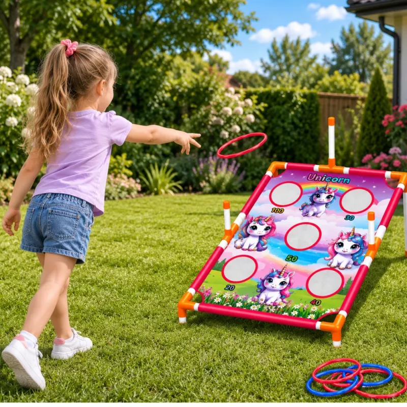 LEAN TOYS Gioco 4-in-1 lancio ad anelli unicorno con anelli e dischi
