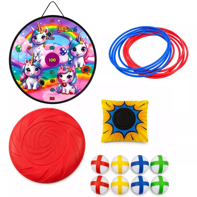 LEAN TOYS Gioco 4-in-1 lancio ad anelli unicorno con anelli e dischi