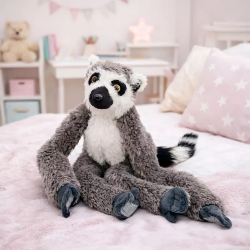 LEAN TOYS Peluche lemure mascotte con zampe a velcro da appendere, 50 cm, grigio/bianco/nero