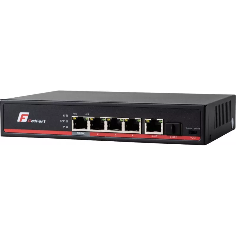 GETFORT GF-106-4PG-S-65 switch Gigabit PoE+ 5 porte (4 porte PoE+, 65W, 1 SFP) da tavolo/a parete