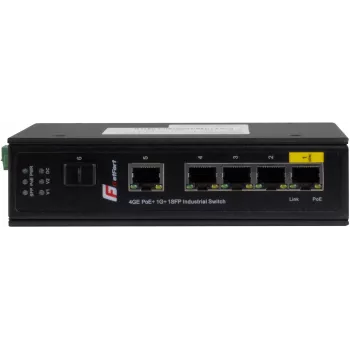 GETFORT GF-110-4PG-1G-1S switch industriale PoE+, 4x PoE+ 10/100/1000Base-T + 1x 10/100/1000Base-T + 1x 1000Base-X SFP, da -40°C a 80°C, guida DIN, budget PoE 65W