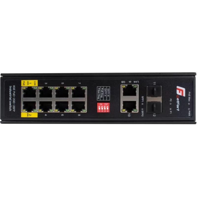 GETFORT GF-110-8PG-2G-2S switch industriale PoE+, 8x PoE+ Gigabit + 2x Gigabit + 2x SFP, da -40°C a 80°C