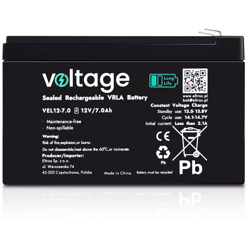 Batteria AGM Voltage Long Life 12V 7Ah VEL12-7.0 (durata di progetto 15 anni)