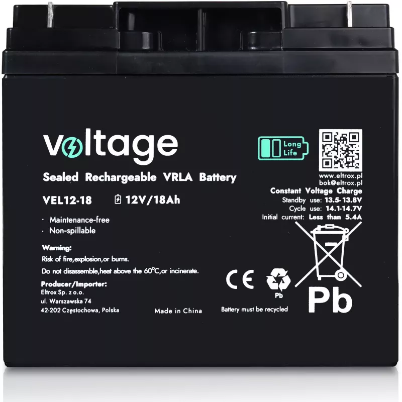 Batteria AGM VOLTAGE Long Life 12V 18Ah VEL12-18
